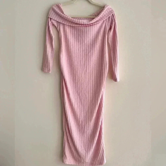 Shein Maternity Cotton Candy Pink Fuzzy Ribbed Off the Shoulder Midi Dress,Small - Picture 2 of 16